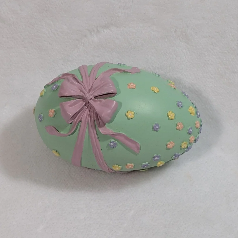 Vintage 90s Easter Egg Bunny Fishing Figurine Pastel Bow Knick Knack Decor Opens